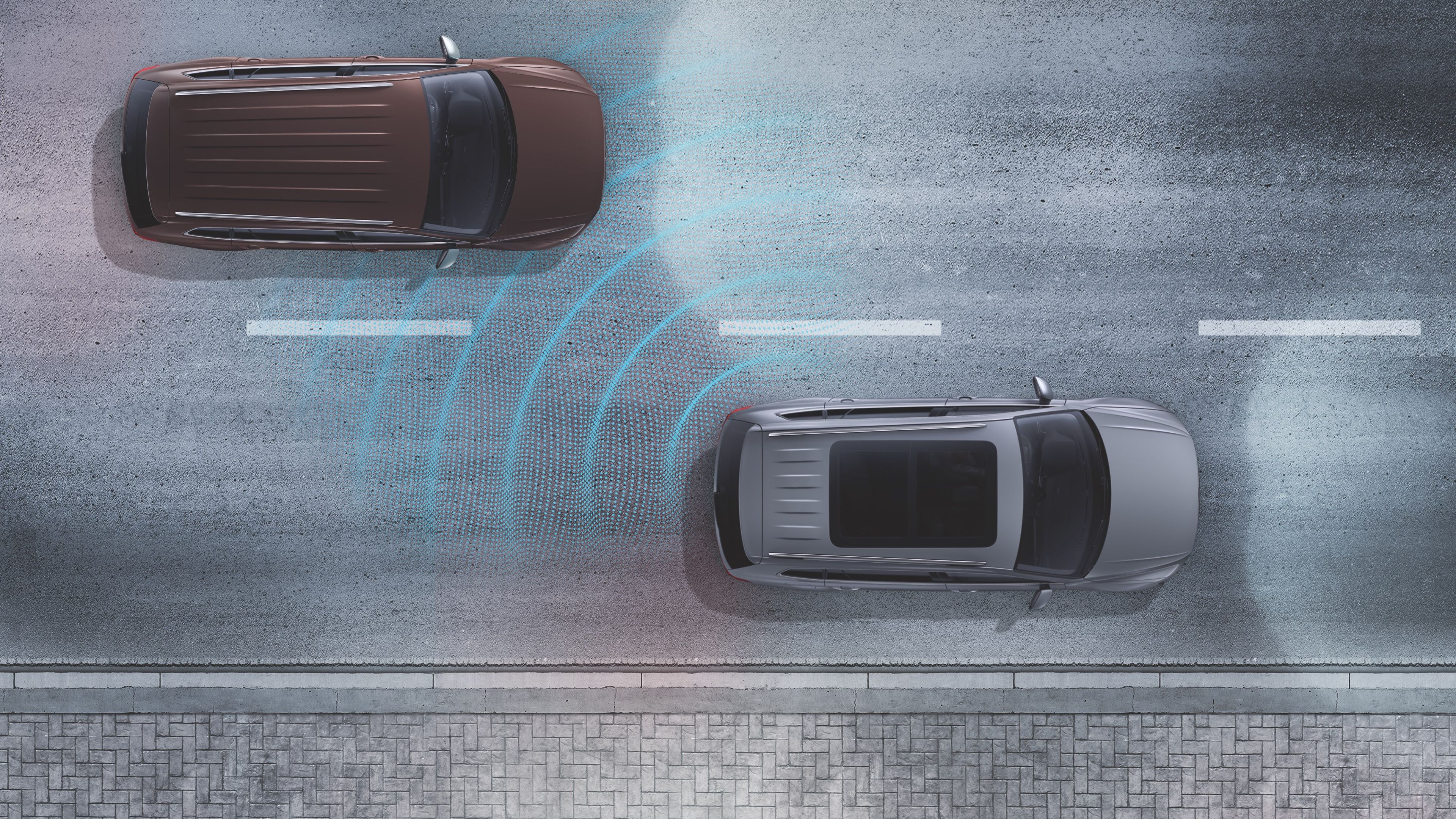 Volkswagen Touareg R-Line | Lane Assist Autonomous vehicle using sensors to detect surrounding car on a two-lane road with a premium SUV, the Volkswagen Touareg R-Line.
