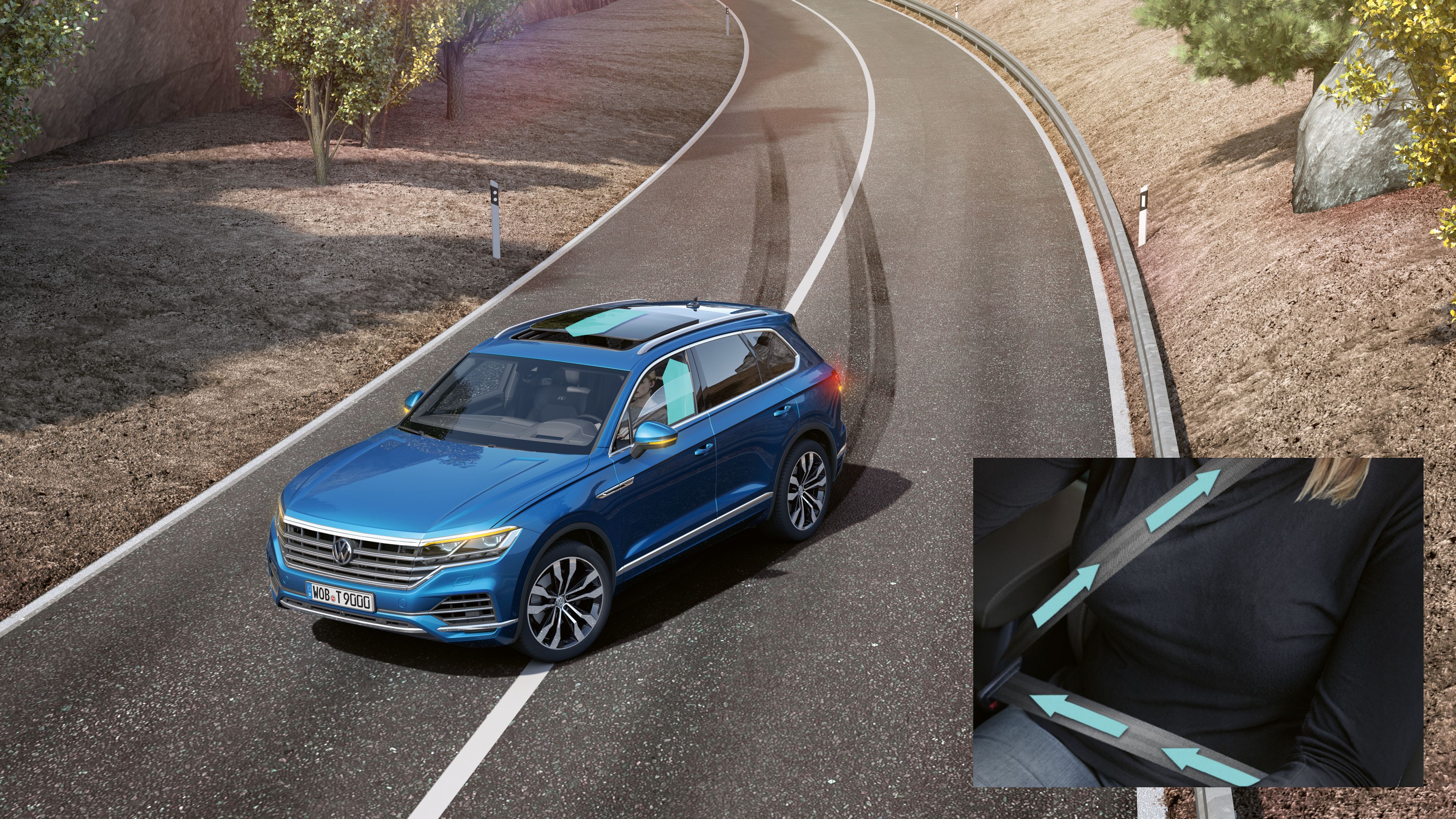 Volkswagen Touareg R-Line | Proactive passenger protection system Blue Volkswagen Touareg R-Line driving on a curving road with an inset showing a seatbelt sign illuminated on a car dashboard.