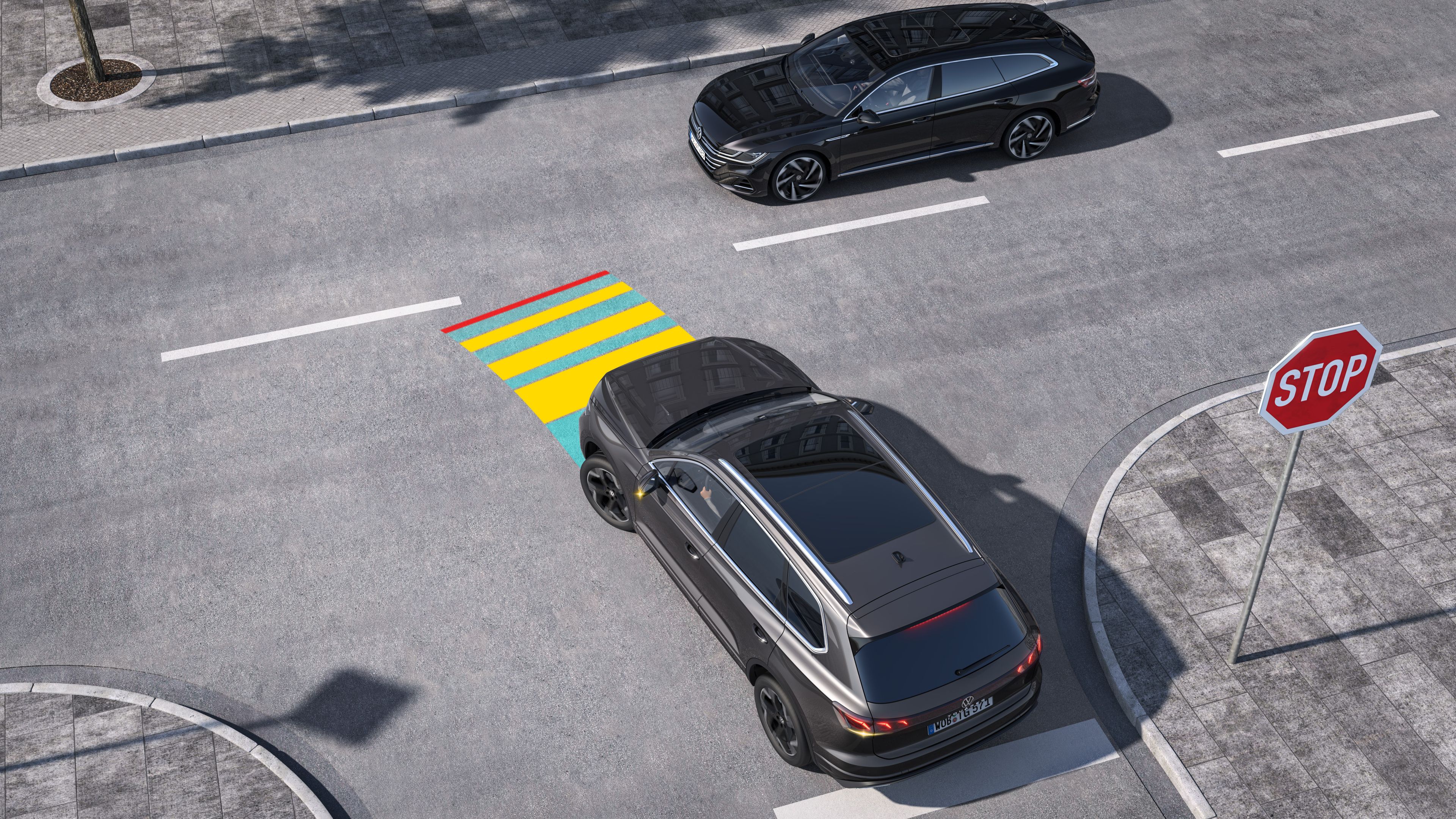 Volkswagen Touareg R-Line | Front Cross Traffic Assist illustrating the Front Cross Traffic feature.